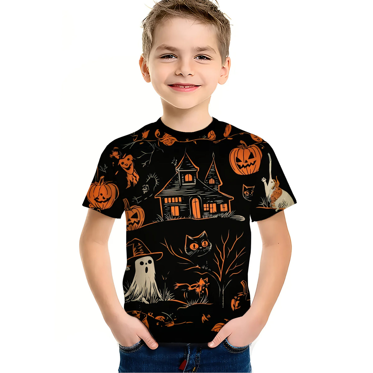 Girl Clothes Funny Terror Pumpkin Graphic T Shirt Boys Girls Halloween Short Sleeve Tops Tees 2-10Y Halloween Gift Party T-Shirt