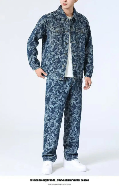 High Street Denim Sets Men's Jacquard Ragged Loose Casual Retro Washed Denim Shirt Style Jacket Jeans Pants