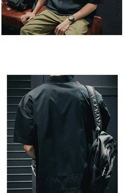 American Retro Men's  irt Summer Loose Workwear ort Sve T-irt Simple Sle Youth Trend ket Design Flat Iron