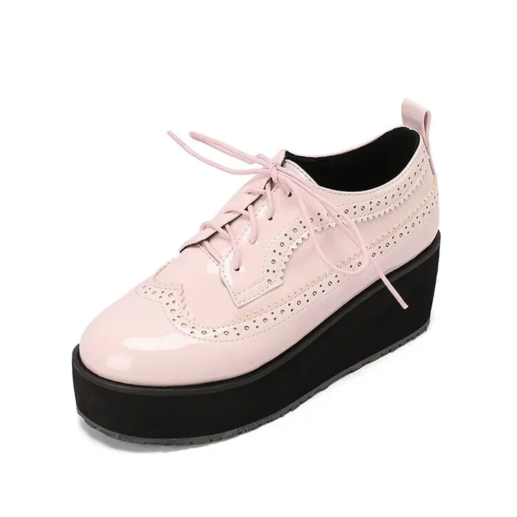 Ochanmeb Big Size 48 Women Patent Leather Brogues High Heels Derby Shoes Platforms Laser Cutout Oxfords Fashion Ladies Pumps Red