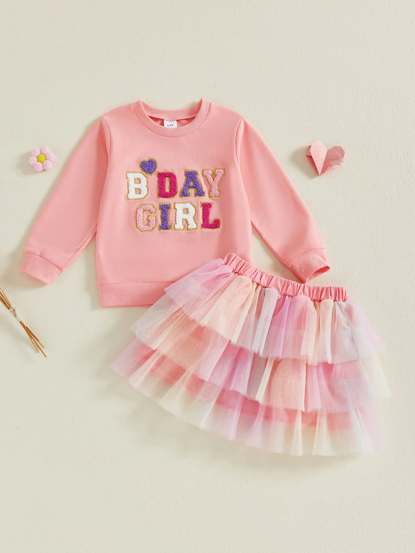 Citgeett Autumn Kids Toddler Girl Birthday Outfit Heart Letter Embroidered Long Sleeve Sweatshirt Contrast Tulle Skirt Set