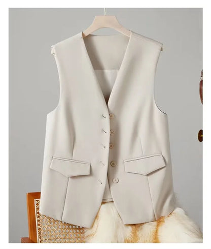Vest Women Sleeveless Jacket Waistcoat V Neck Single Breasted Tops Outerwear Spring Summer Female 2025 Office Lady Vintage Coat