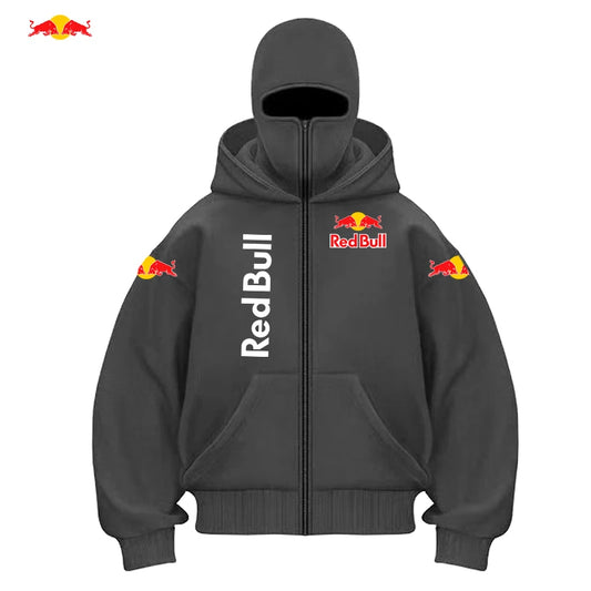 RedBull Logo Men's Zip Hoodie Winter Warm Casual Sweatshirt with Hooded Face Mask Zipper Design Sports Jacket Outdoor Activities