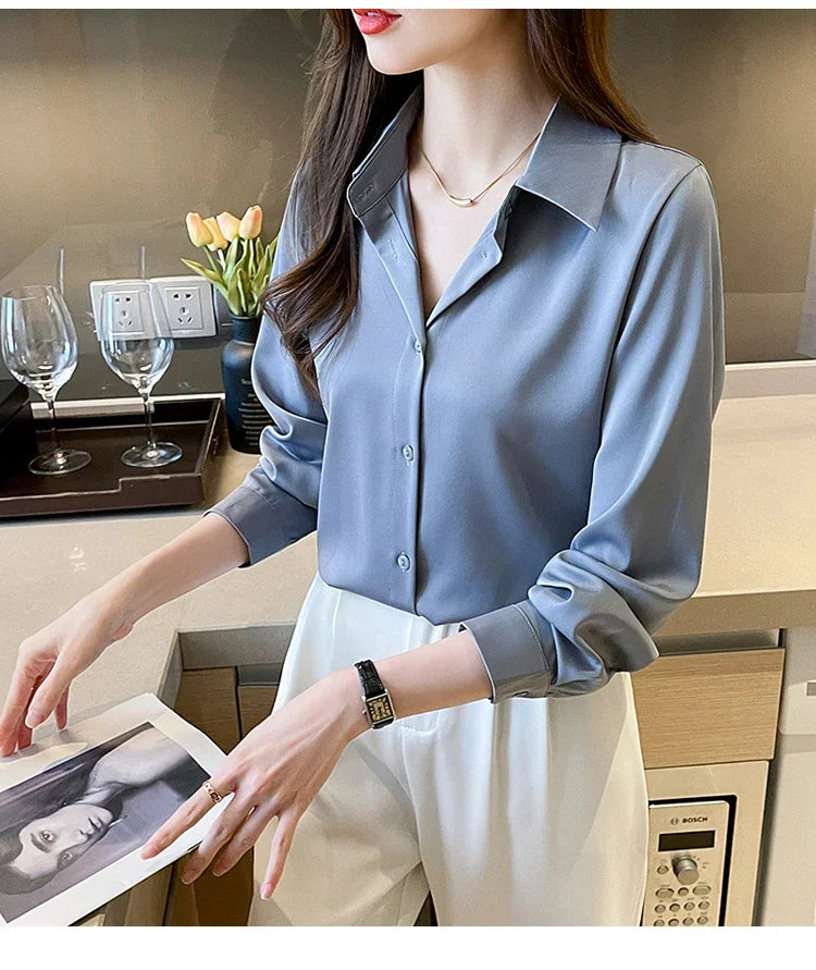 Fashion elegant satin shirts solid color ladies shirts causal Women's Blouses Spring Long Sleeve Shirts Tops Blusas Mujer