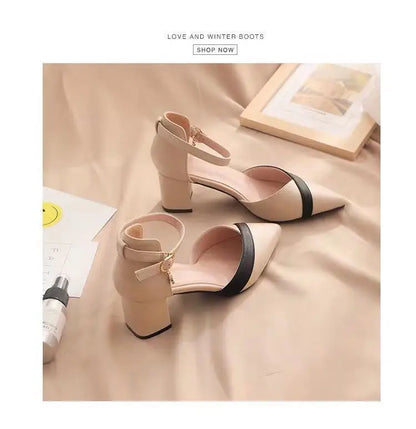 Women's Classic Beige Square Heel Pointed Shoes for Party Ladies Spring Summer Black Buckle PU Leather Profession Pumps