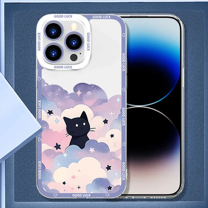 Starry Sky Black Cats Clear Phone Case For iPhone 15 14 13 11 12 16 Pro XS Max Mini XR X SE 7 8 Plus Transparent Cover Fundas