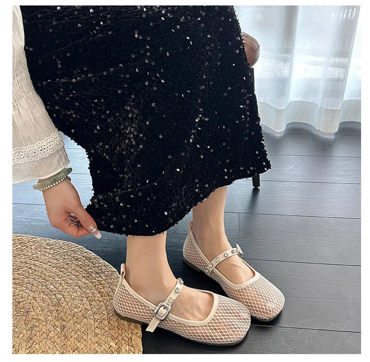 Mesh Breathable Flat Mary Jane Shoes Women Fashion Square Toe Soft Bottom Sandals Comfort Buckle Designer Ballet Shoe for Ladies