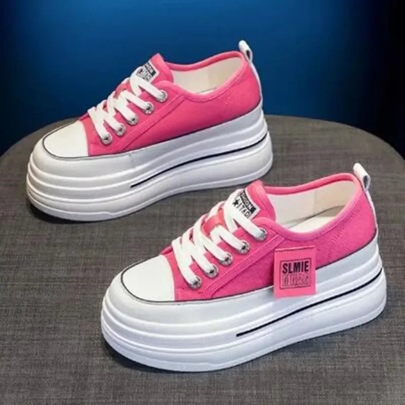 Vulcanized Platform Sneakers Wedge Shoes Non-slip Casual Shoes Women 2025 Autumn Lace-up Comfort Denim Canvas Shoes Thick Sole