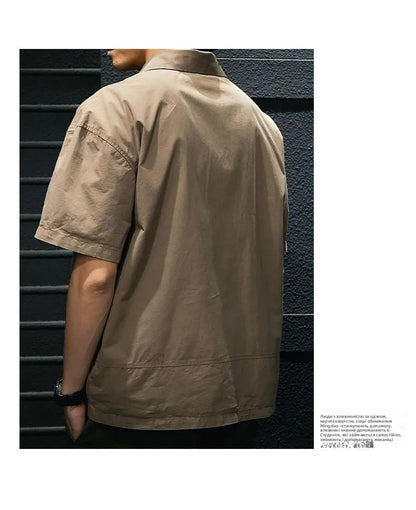 American Retro Men's  irt Summer Loose Workwear ort Sve T-irt Simple Sle Youth Trend ket Design Flat Iron