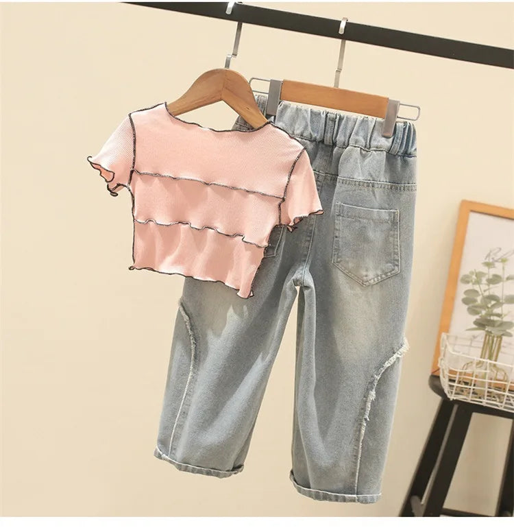 4-12 Years Teenger Girls Clothing Set Autumn Fashion Short Shirt + Letter Jeans 2Pcs Suit For Girl  Children Birthday Present