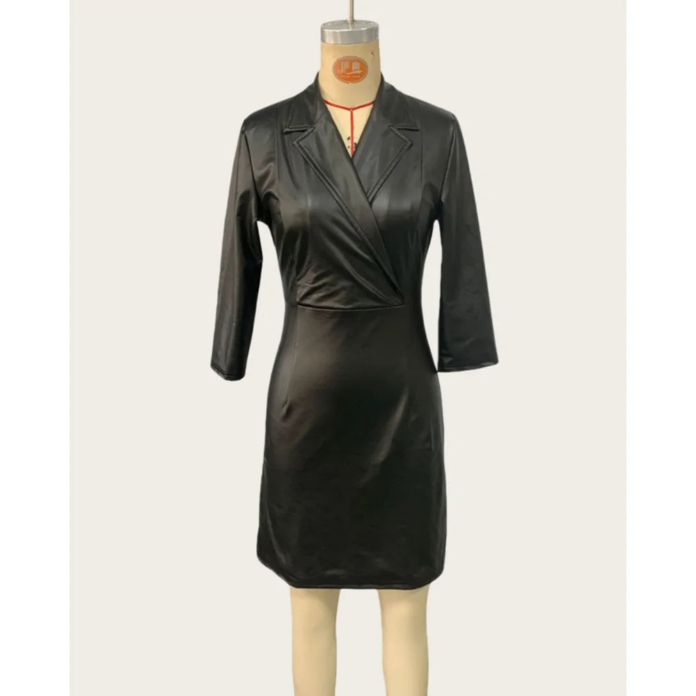 Women's Long Sleeve Bodycon Pu Leather Dress Turn-down Collar Black Midi Dress Sexy High Waist Fashion Vestidos Robe Femme