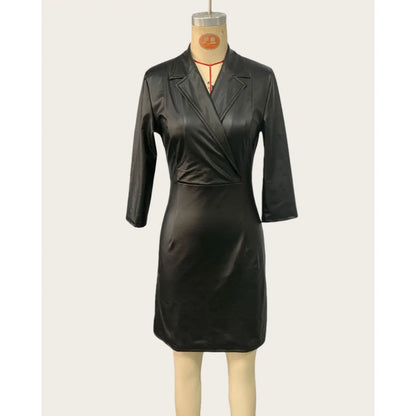 Women's Long Sleeve Bodycon Pu Leather Dress Turn-down Collar Black Midi Dress Sexy High Waist Fashion Vestidos Robe Femme