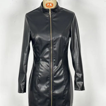 Glossy PU Leather Sexy Fashionable Zipper Dress Slim Fit Long Sleeved Leather Frock With Buttocks Wrapped Vestidos Para Mujer