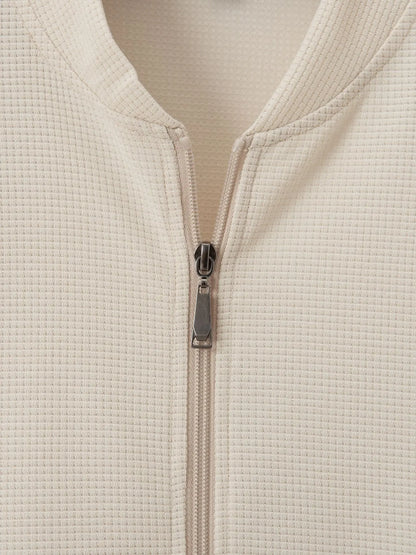 Men's Spring Casual Blazer Set Waffle Baseball Suit round Neck Zipper Long Sleeve Two-Piece Fashion Outfit with Pocket