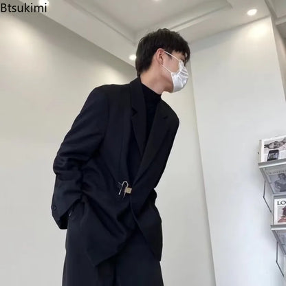 2026 Men's Korean Style Spring Casual Suit Jacekt Metal Buckle Male Loose  Male Solid Color Blazers Harajuku Long Sleeve Coats