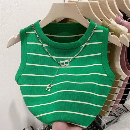 AOSSVIAO 2026 New Waistcoat Women Wear Striped Wide Edge Temperament Summer Top Short Knit Sleeveless Bottom Shirt