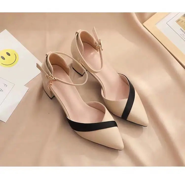 Women's Classic Beige Square Heel Pointed Shoes for Party Ladies Spring Summer Black Buckle PU Leather Profession Pumps