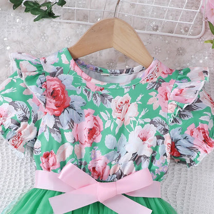 New girls' summer style bubble sleeve flower printed mesh dress