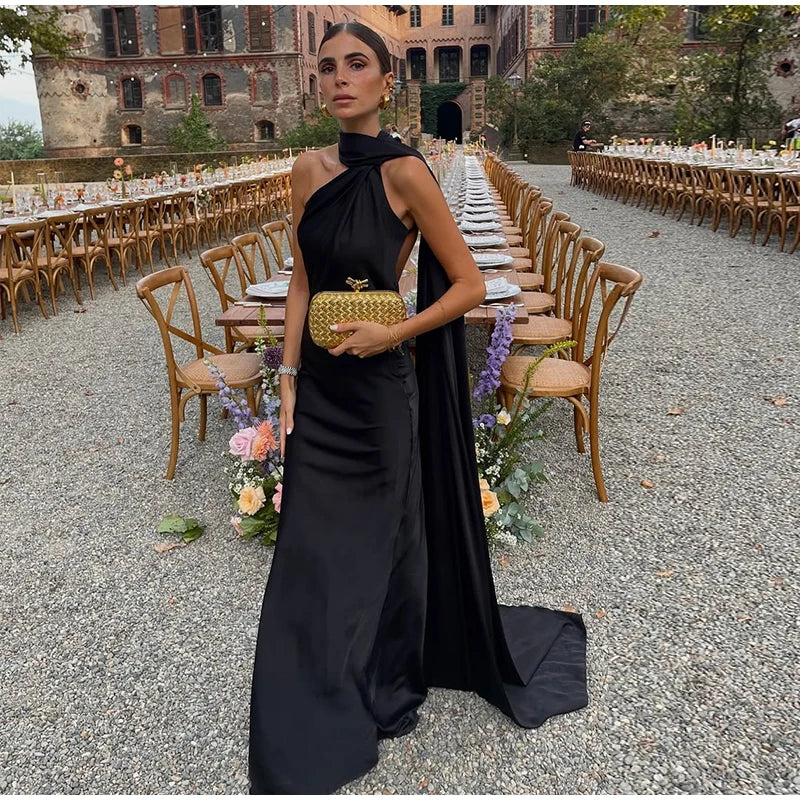 Ribbon Satin Long Party Dress Women Elegant Solid Sleeveless Female Backless Dresses 2026 Summer Autumn Lady Evening Club Gowns