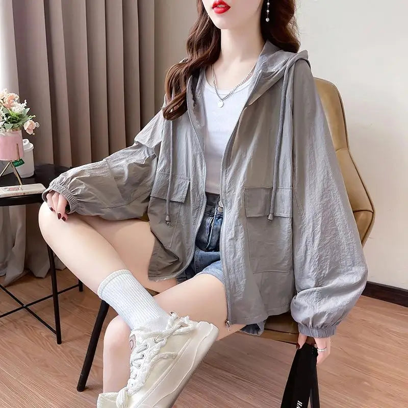 （Summer4）Women Sun Protection Clothing UV Protection Summer Loose Fit Hooded Zippered Thin And Casual