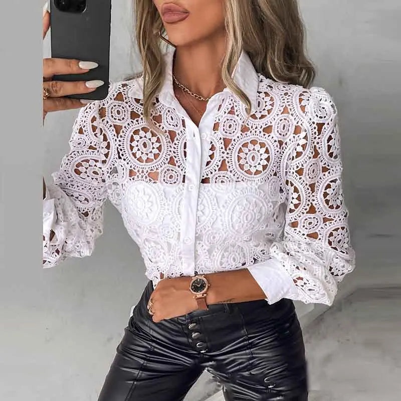 blusas elegantes para mujer 2025 Women White Lace Shirt, Unlined Long Sleeved Shirt, Fashionable Hollowed Out Vintage Top