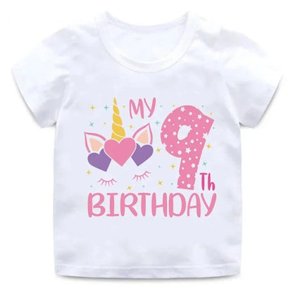 My 1 2 3 4 5 6 7 8 9 Th Years Birthday Unicorn Print Cute Girls Clothes Summer Short Sleeve Kids T Shirt Baby Customize T-Shirts