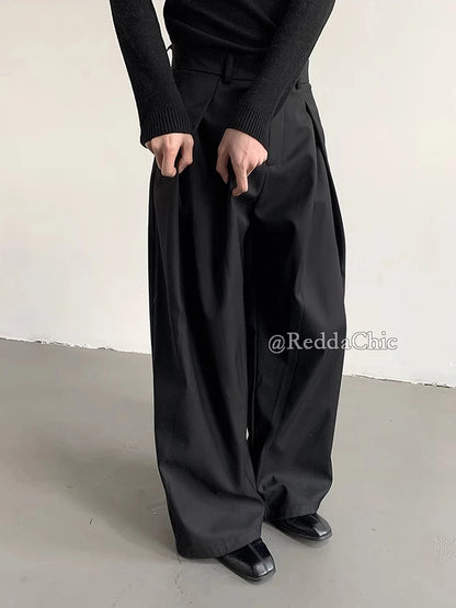 REDDACHiC Men's Pleated Front Wide Leg Pants Cleanfit Black Solid Low Waist Dressy Trousers Unisex Office Work Casual Clothes