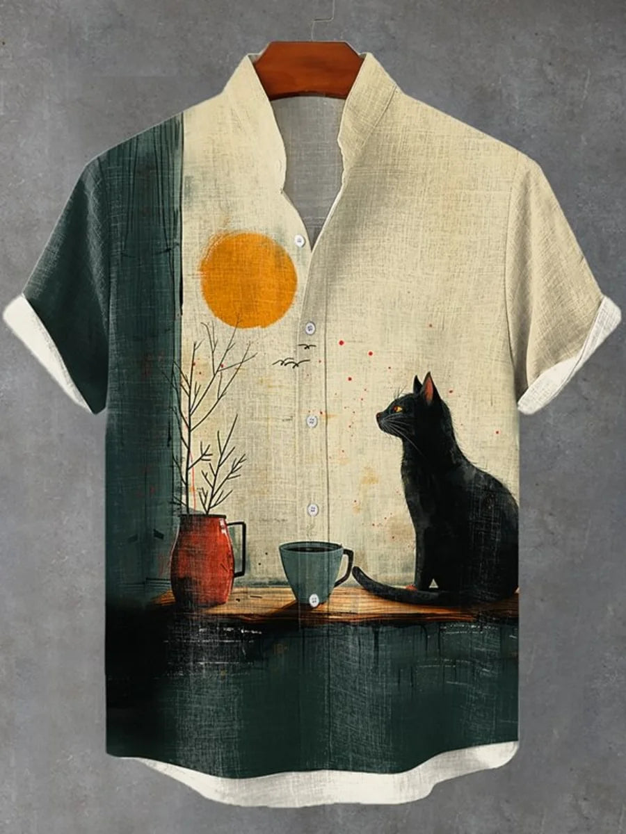 New cartoon cat-themed short-sleeved shirt, summer retro men's art print shirt, casual vacation streetwear
