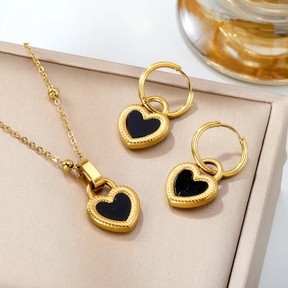 ASONSTEEL Black Shell Heart Necklace Earrings Jewelry Sets Stainless Steel Fashion Exquisite Waterproof Women Anniversary Gift