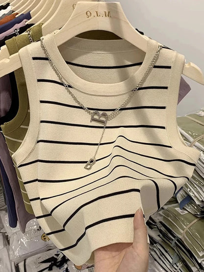 AOSSVIAO 2026 New Waistcoat Women Wear Striped Wide Edge Temperament Summer Top Short Knit Sleeveless Bottom Shirt
