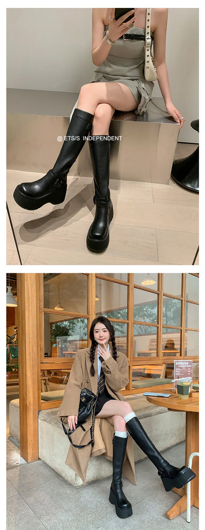 2024 Women's Shoes Basic Women's Boots Classics Knee-High Boots Women Belt Buckle Side Zip Round Toe Wedge Platform Shoes Ladies