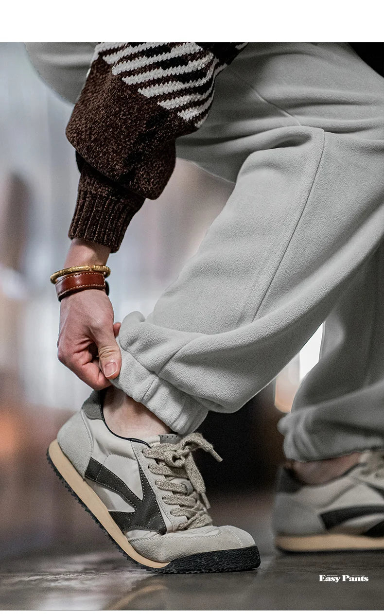Maden Men's Casual Solid Color Polar Fleece Cuffed Sweatpants Elastic Waist Fleece-lined Pants Warm Sports Straight-leg Trousers