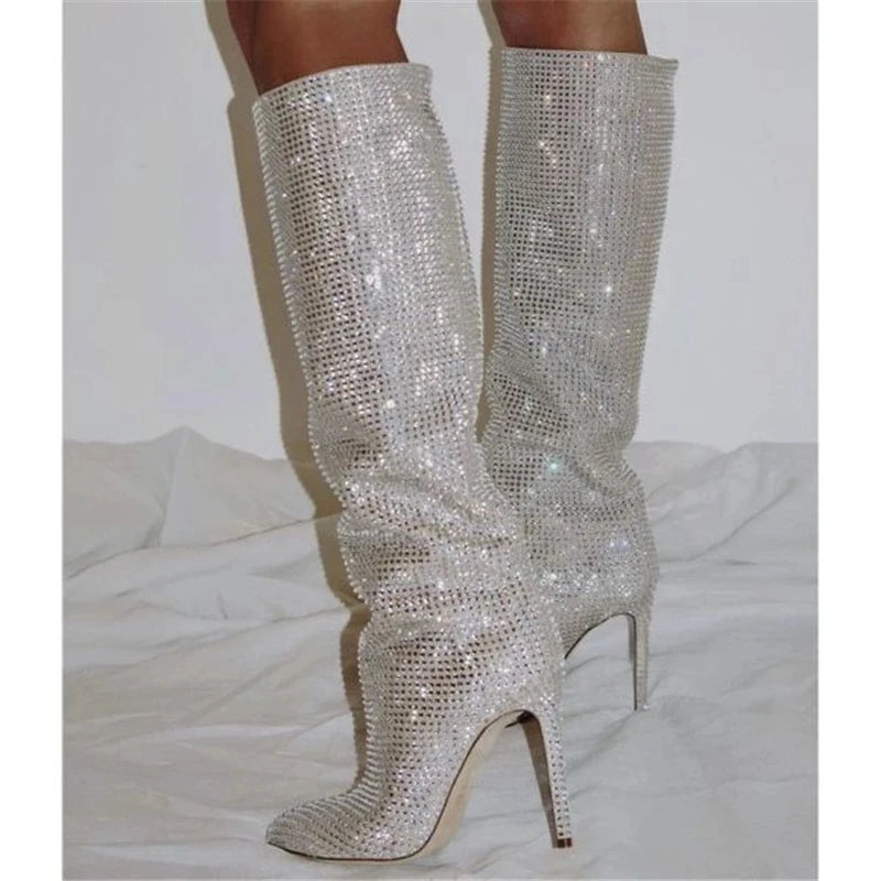Women Rhinestone Knee High Boots Sexy Lady Pinted Toe Thin Heel Long Boots Woman's Slip-On High Heels Botas Mujer Invierno 2025