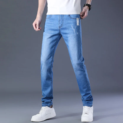 Winter Men Thermal Jeans Snow Warm Stretch Straight Jeans Man Fleece Denim Long Pants Narrow Leg Slim Fit Blue Black Trousers