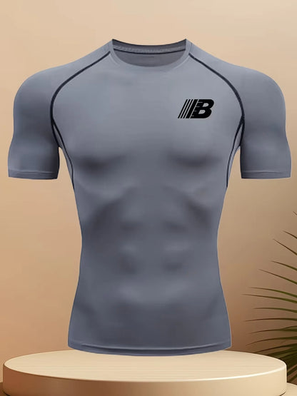 Men's compression running T-shirt fitness tight short sleeved T-shirt training jogging shirt gym sportswear quick drying