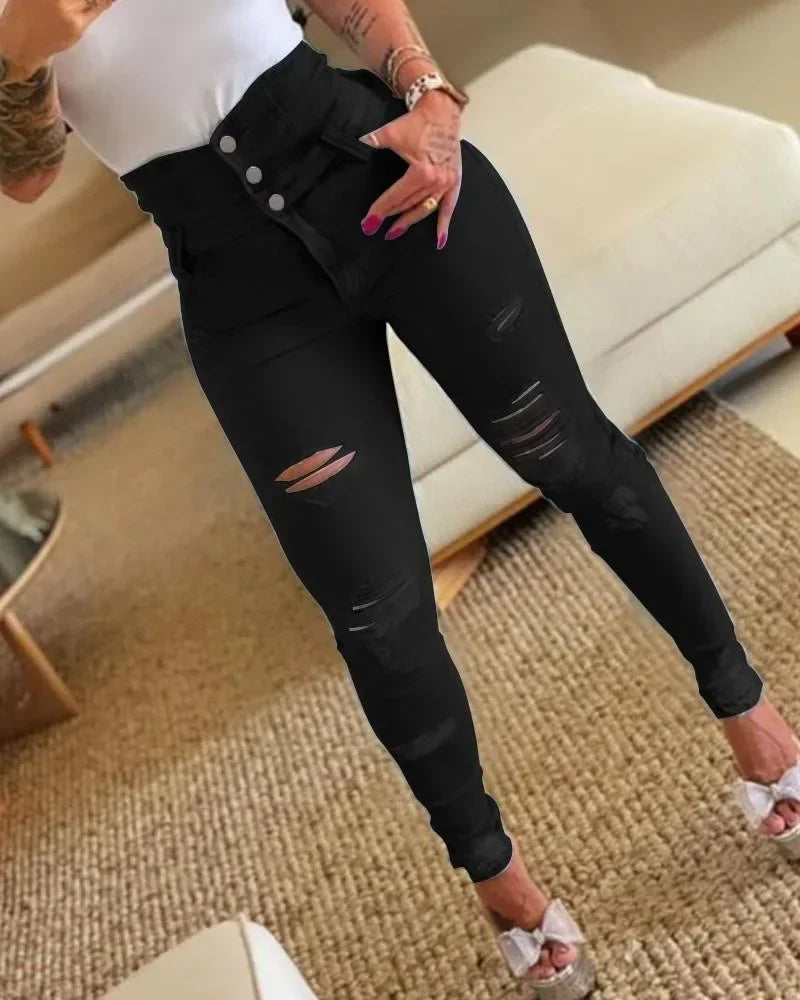 Women Jeans Distressed Denim Pencil Pants Washing Slim Fit Pockets Streetwear Holes Summer Flat Button Fly Slight Strech 2025