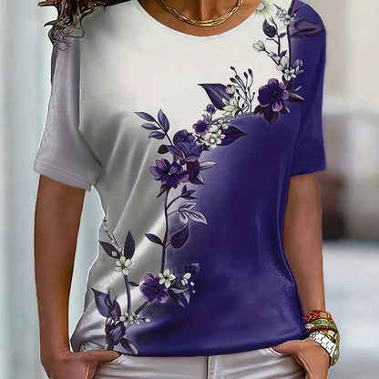 2024 New Women's Color Block T-shirt Summer Fashion Short sleeved Top Flower Print Loose Clothing Women's Party T-shirt
