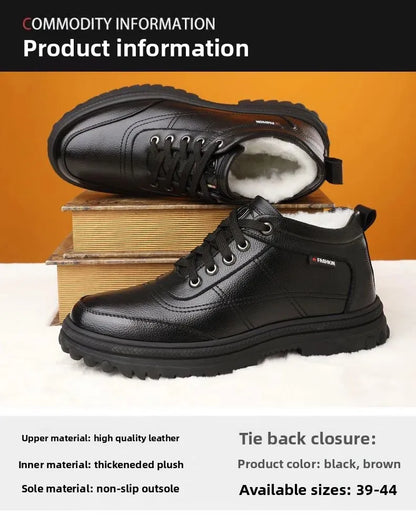 Men's High-Top Cotton Shoes Winter Thickened Fleece Anti-slip Warm Casual Fashion Outdoor Snow Boots Breathable Leather