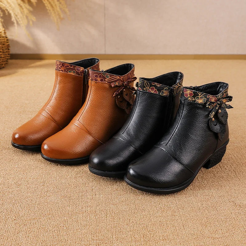 Top layer cowhide 2025 autumn and winter new retro ethnic style feature thick heel buckle splicing versatile women's short boots
