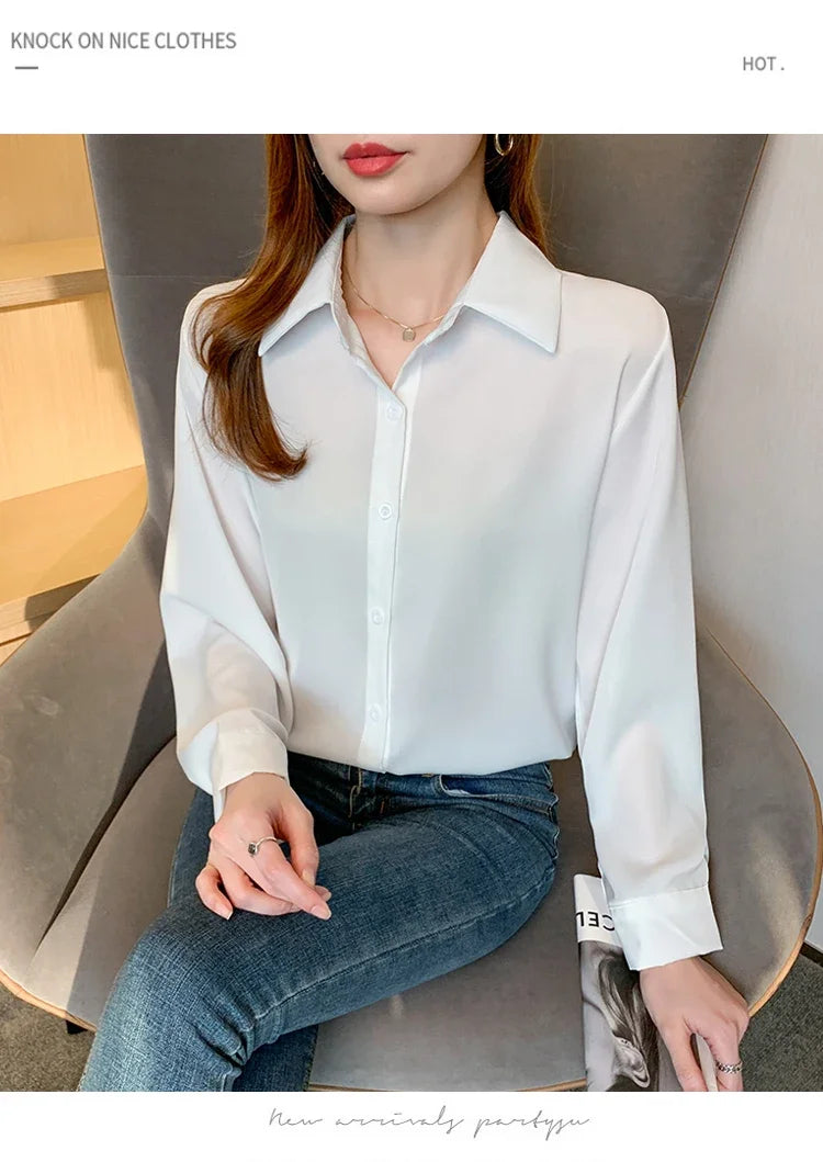 Fashion elegant satin shirts solid color ladies shirts causal Women's Blouses Spring Long Sleeve Shirts Tops Blusas Mujer