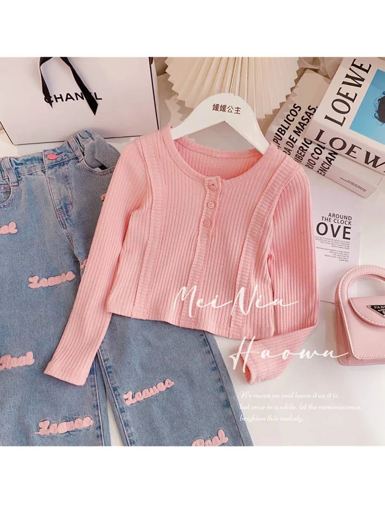 4-12 Years Teenger Girls Clothing Set Autumn Fashion Short Shirt + Letter Jeans 2Pcs Suit For Girl  Children Birthday Present