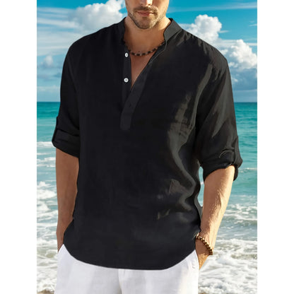 Men'sshirt Classic Casual Stand-up Collar Long-sleeved V-neck Shirt Sleeve Split-sleeved Light Breathable Beach Vacation T-shirt