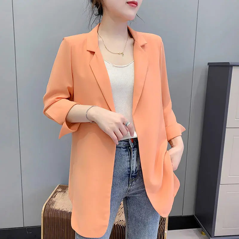 Women Blazer Jacket Cardigan Summer Suit Coat Three Quarter Sleeve Turn Down Collar Office Lady Open Stitch Outerwear 2025