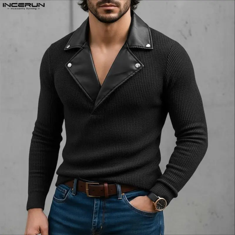 INCERUN Men Pullovers Patchwork Lapel Long Sleeve Knitted Male Sweaters Streetwear Spring Fashion Casual Thin Tops Men S-5XL