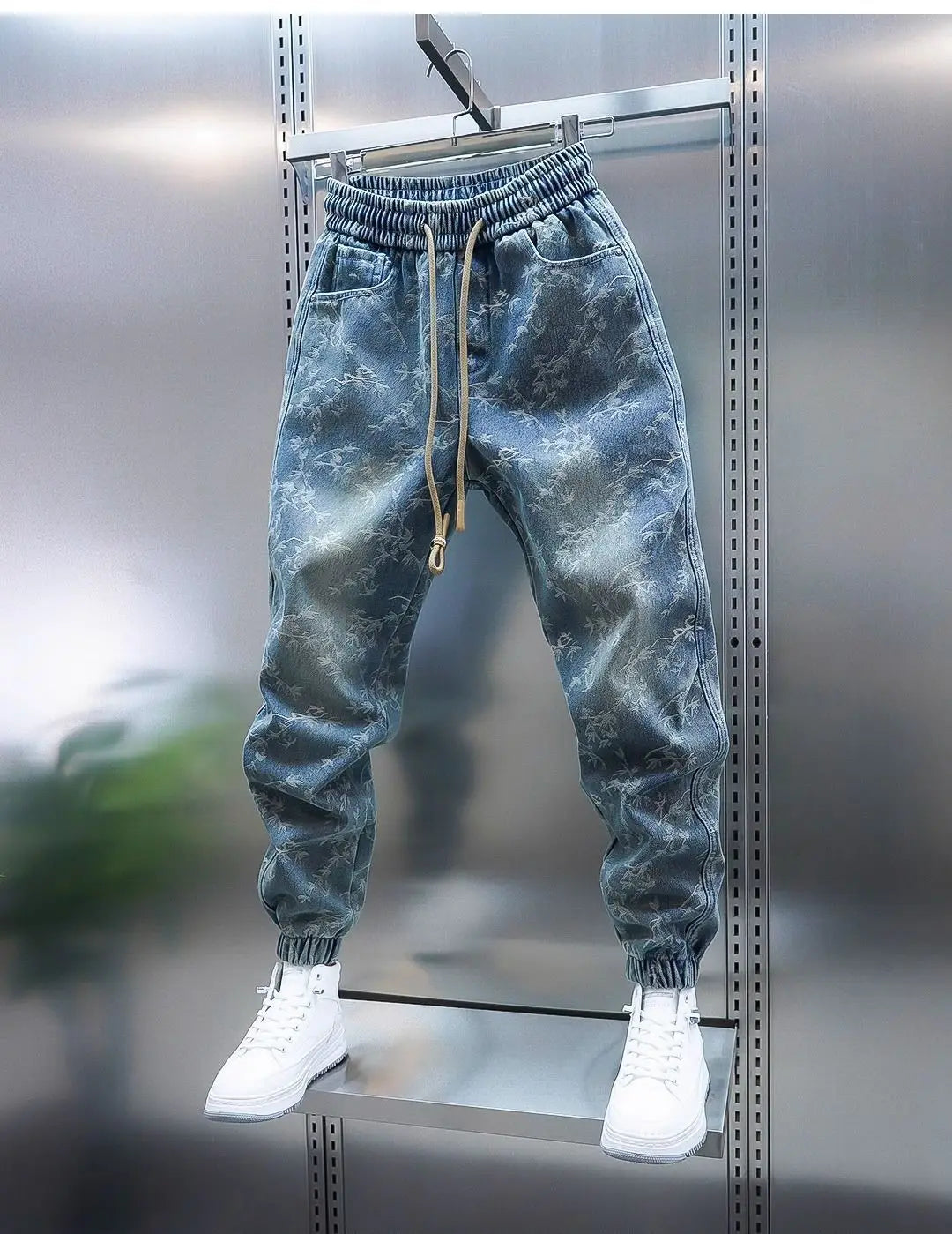 Trendy Men's Spring and Summer New Jeans Light Blue Heavy Industry Jacquard Leggings Thin Designer Luxury Elastic Waist Pants