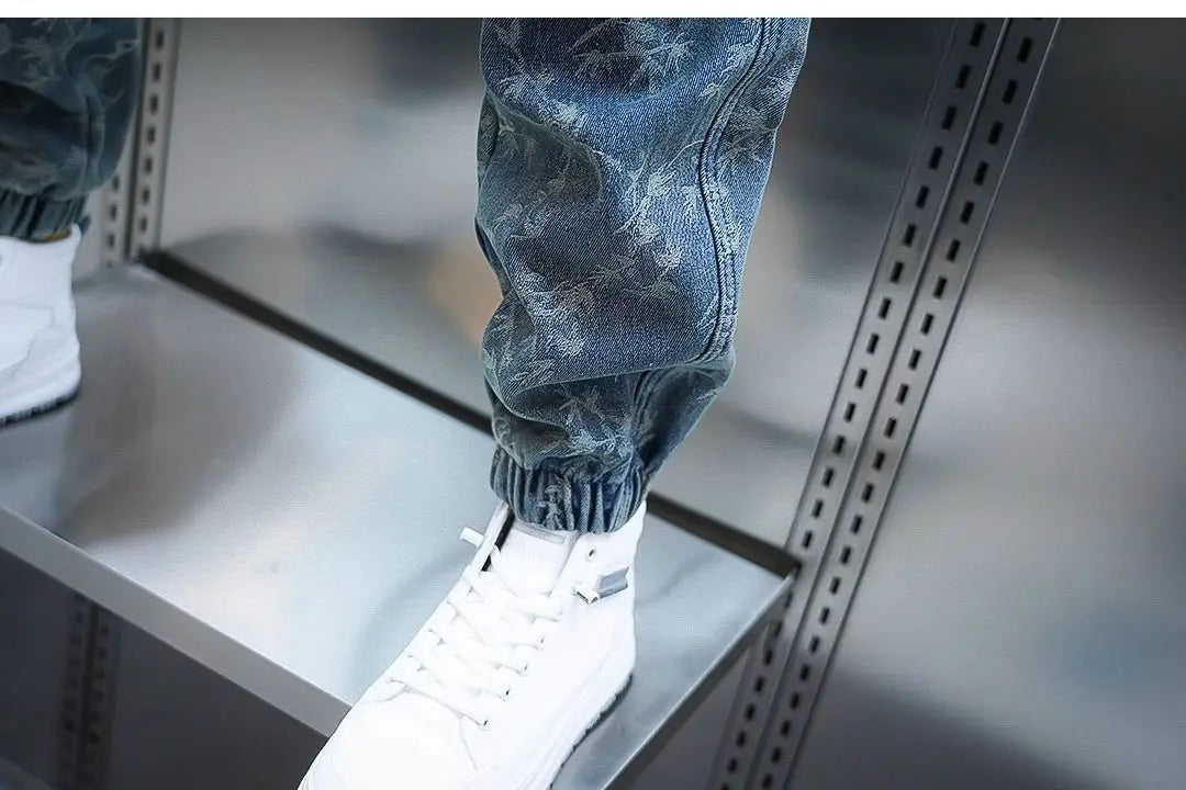 Trendy Men's Spring and Summer New Jeans Light Blue Heavy Industry Jacquard Leggings Thin Designer Luxury Elastic Waist Pants