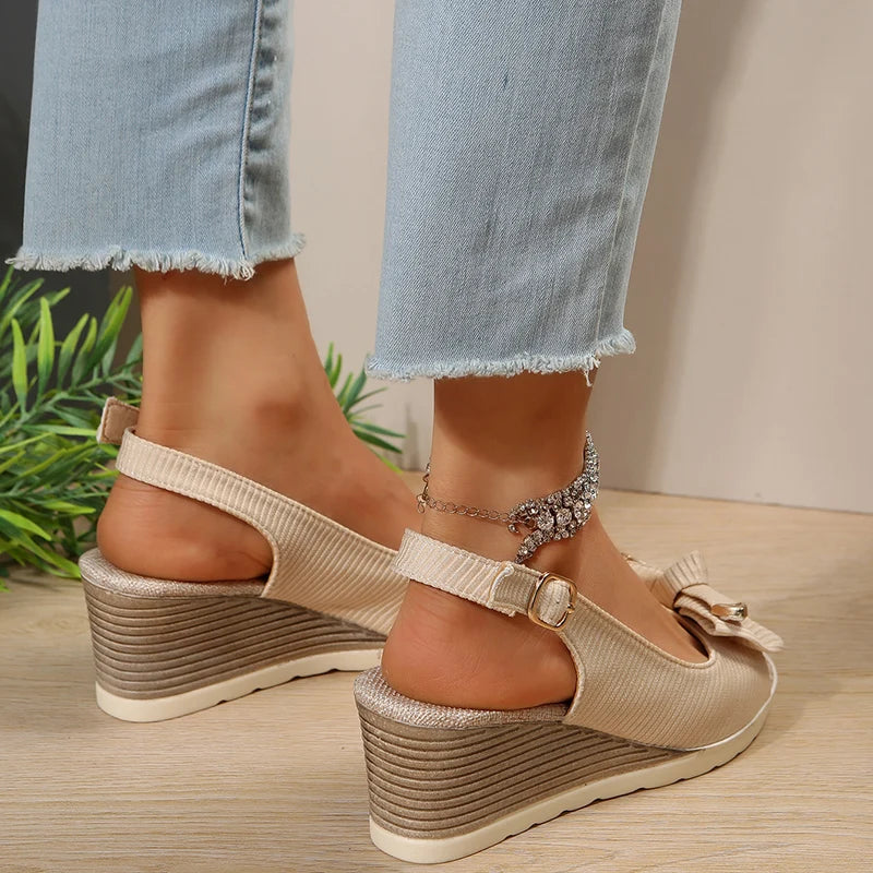 Fashion Bow Knot Thick Bottom Sandals Women Back Strap Wedge Open Toe Sandal Female New Office Ladies Anti-Slip Sandalias Mujer