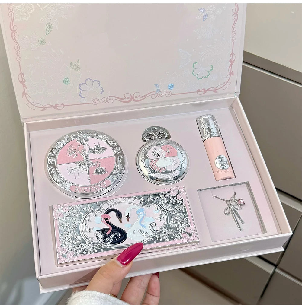 NICEKEY Pink Ballet Makeup Box Include 1*Lip mud,1*Pressed Powder,1*Highlight Powder,1*Eyeshadow Palette Powder With Necklace