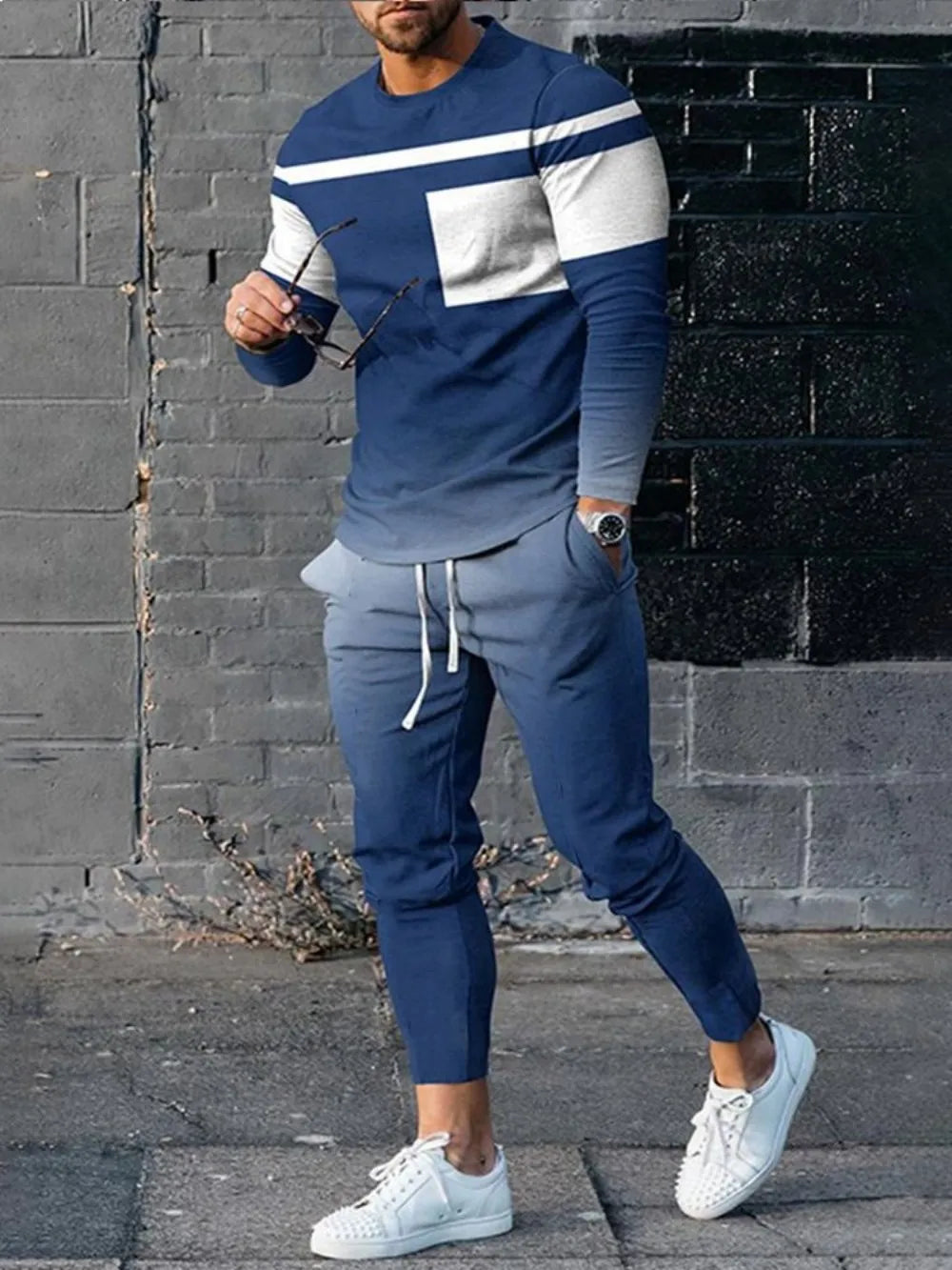 New men's striped printed breathable and comfortable round neck T-shirt and pants set for summer outdoor leisure