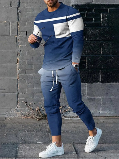 New men's striped printed breathable and comfortable round neck T-shirt and pants set for summer outdoor leisure